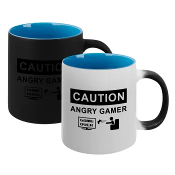 Caution, angry gamer!, Κούπα Μαγική εσωτερικό μπλε, κεραμική 330ml που αλλάζει χρώμα με το ζεστό ρόφημα