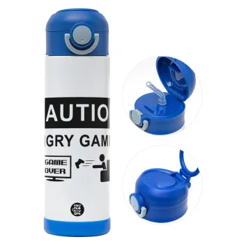 Caution, angry gamer!, Παιδικό παγούρι θερμό, ανοξείδωτο, με καλαμάκι ασφαλείας, ΜΠΛΕ (500ml)