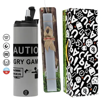 Caution, angry gamer!, Easter candle with Grey Tumbler Thermo 600ml & aromatic flat candle (30cm) (GREY)