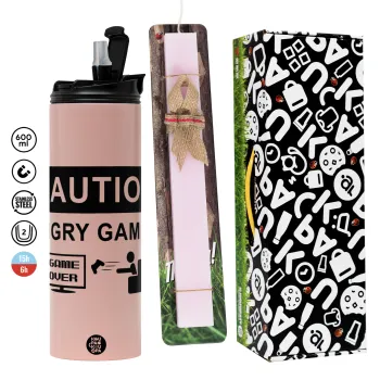 Caution, angry gamer!, Easter candle,Travel Tumbler 2 Lids, with metal straw & cleaning brush & aromatic flat candle (30cm) (PINK)