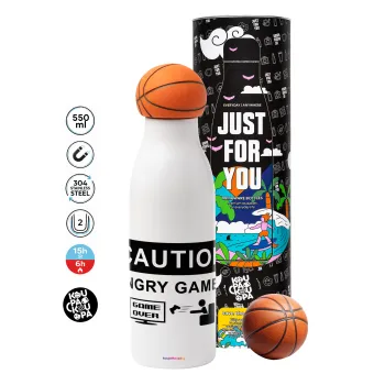 Caution, angry gamer!, Μπάλα μπάσκετ μεταλλικό παγούρι θερμός, διπλού τοιχώματος, 550ml