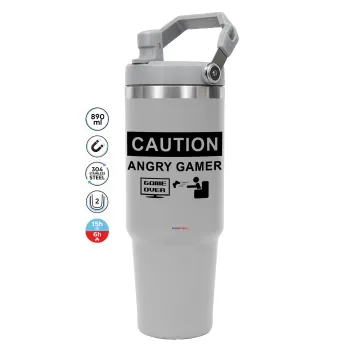 Caution, angry gamer!, ΓΚΡΙ χρώματος Θερμός Ανοξείδωτο 890ml (30oz) με χερούλι