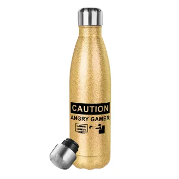 Caution, angry gamer!, Μεταλλικό παγούρι θερμός Glitter χρυσό (Stainless steel), διπλού τοιχώματος, 500ml