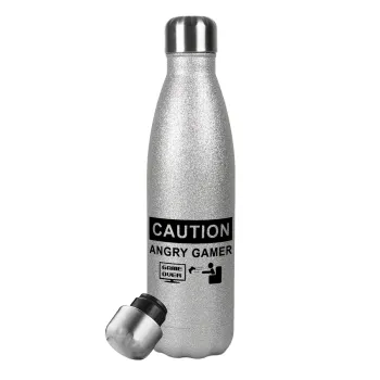 Caution, angry gamer!, Μεταλλικό παγούρι θερμός Glitter Aσημένιο (Stainless steel), διπλού τοιχώματος, 500ml