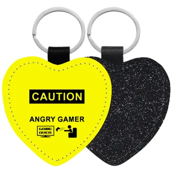 Caution, angry gamer!, Μπρελόκ PU δερμάτινο glitter καρδιά ΜΑΥΡΟ