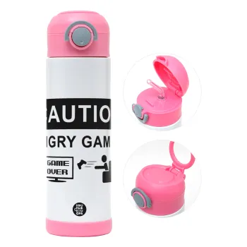 Caution, angry gamer!, Παιδικό παγούρι θερμό, ανοξείδωτο, με καλαμάκι ασφαλείας, ΡΟΖ (500ml)