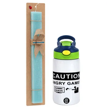 Caution, angry gamer!, Easter Set, Children's thermal stainless steel bottle with safety straw, green/blue (350ml) & aromatic flat Easter candle (30cm) (TURQUOISE)