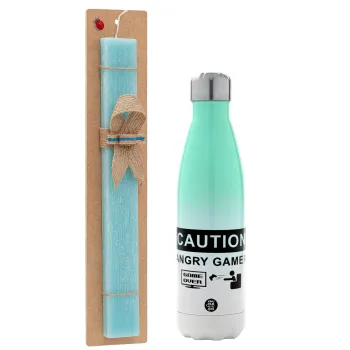 Caution, angry gamer!, Easter Set, Metallic green/white thermos (Stainless steel), double-walled, 500ml & scented flat Easter candle (30cm) (TURQUOISE)