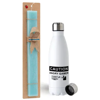 Caution, angry gamer!, Easter Set, metallic stainless steel water bottle (750ml) & aromatic flat Easter candle (30cm) (TURQUOISE)