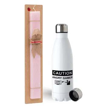 Caution, angry gamer!, Easter Set, metallic stainless steel water bottle (750ml) & scented flat Easter candle (30cm) (PINK)