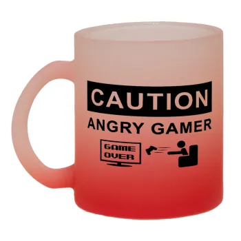 Caution, angry gamer!, Κούπα γυάλινη δίχρωμη με βάση το κόκκινο ματ, 330ml