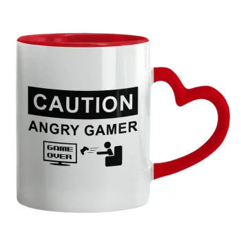 Caution, angry gamer!, Κούπα καρδιά χερούλι κόκκινη, κεραμική, 330ml