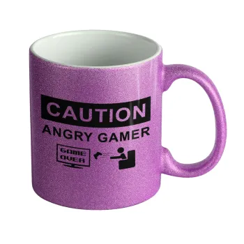 Caution, angry gamer!, Κούπα Μωβ Glitter που γυαλίζει, κεραμική, 330ml