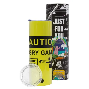 Caution, angry gamer!, Neon Yellow Travel Tumbler θερμό, μεταλλικό καλαμάκι(Ανωξείδωτο 304 Food grade, BPA free, 600ml)
