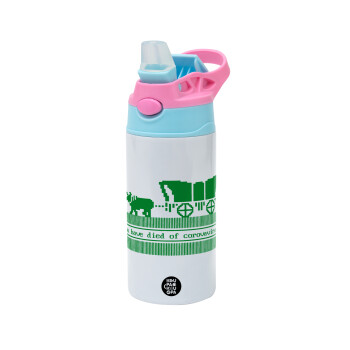 Oregon Trail, cov... edition, Children's hot water bottle, stainless steel, with safety straw, Pink/BlueCiel (360ml) BPA FREE