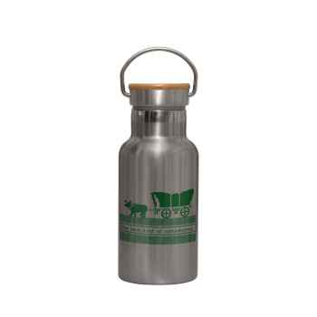 Oregon Trail, cov... edition, Stainless steel metallic thermos flask, silver with a bamboo lid, double-walled, 350ml.