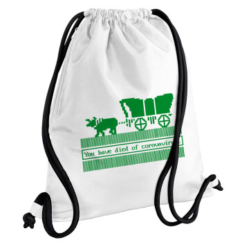 Oregon Trail, cov... edition, Backpack pouch GYMBAG white, with pocket (40x48cm) & thick cords