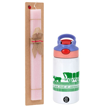 Oregon Trail, cov... edition, Easter Set, Children's thermal stainless steel water bottle with safety straw, pink/purple (350ml) & Easter scented flat candle (30cm) (PINK)