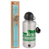Easter Set, metallic silver aluminum water bottle (500ml) & scented flat Easter candle (30cm) (TURQUOISE)