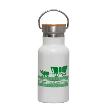 Oregon Trail, cov... edition, Μεταλλικό παγούρι θερμός (Stainless steel) Λευκό με ξύλινο καπακι (bamboo), διπλού τοιχώματος, 350ml