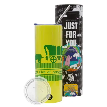 Oregon Trail, cov... edition, Neon Yellow Travel Tumbler θερμό, μεταλλικό καλαμάκι(Ανωξείδωτο 304 Food grade, BPA free, 600ml)
