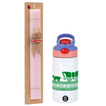 Oregon Trail, cov... edition, Easter Set, Children's thermal stainless steel water bottle with safety straw, pink/purple (350ml) & Easter scented flat candle (30cm) (PINK)