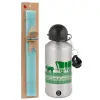 Easter Set, metallic silver aluminum water bottle (500ml) & scented flat Easter candle (30cm) (TURQUOISE)
