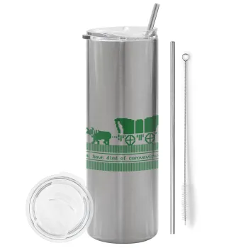 Oregon Trail, cov... edition, Tumbler ποτήρι θερμό Ασημένιο από ανοξείδωτο ατσάλι 600ml, με μεταλλικό καλαμάκι & βούρτσα καθαρισμού