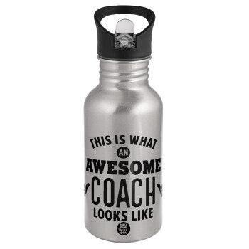 This is what an awesome COACH looks like!, Water bottle Silver with straw, stainless steel 500ml