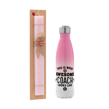 This is what an awesome COACH looks like!, Easter Set, Metallic pink/white (Stainless steel) thermos, double-walled, 500ml & aromatic flat Easter candle (30cm) (PINK)