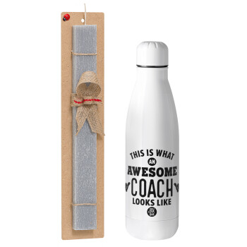 This is what an awesome COACH looks like!, Easter Set, metallic stainless thermos bottle (500ml) & scented flat Easter candle (30cm) (GRAY)