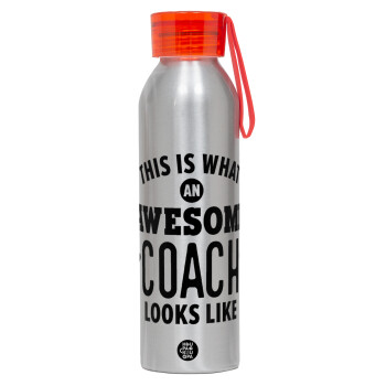 This is what an awesome COACH looks like!, Αλουμινένιο Αθλητικό Μπουκάλι 650ml – Ασημί με Κόκκινο Καπάκι και Λουράκι Σιλικόνης