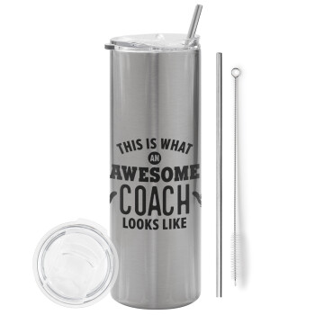This is what an awesome COACH looks like!, Tumbler ποτήρι θερμό Ασημένιο από ανοξείδωτο ατσάλι 600ml, με μεταλλικό καλαμάκι & βούρτσα καθαρισμού