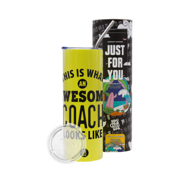 This is what an awesome COACH looks like!, Neon Yellow Travel Tumbler θερμό, μεταλλικό καλαμάκι(Ανωξείδωτο 304 Food grade, BPA free, 600ml)