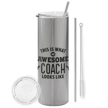 This is what an awesome COACH looks like!, Tumbler ποτήρι θερμό Ασημένιο από ανοξείδωτο ατσάλι 600ml, με μεταλλικό καλαμάκι & βούρτσα καθαρισμού