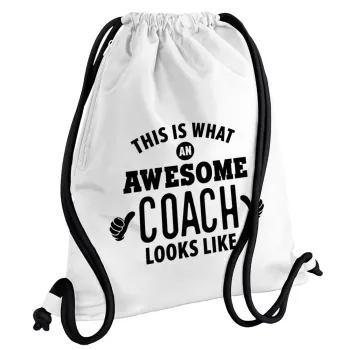 This is what an awesome COACH looks like!, Τσάντα πλάτης πουγκί GYMBAG λευκή, με τσέπη (40x48cm) & χονδρά κορδόνια