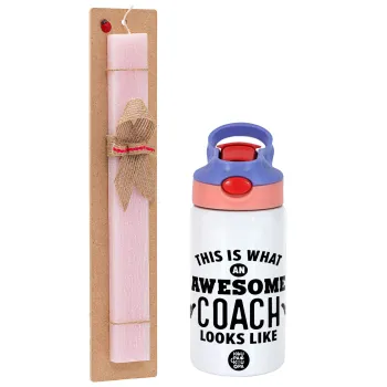 This is what an awesome COACH looks like!, Easter Set, Children's thermal stainless steel water bottle with safety straw, pink/purple (350ml) & Easter scented flat candle (30cm) (PINK)