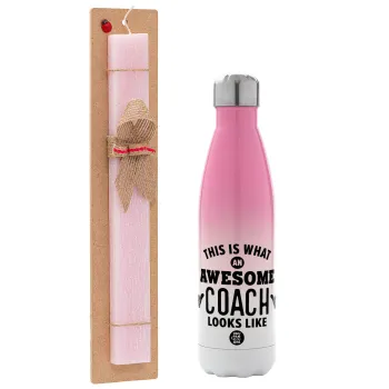 This is what an awesome COACH looks like!, Easter Set, Metallic pink/white (Stainless steel) thermos, double-walled, 500ml & aromatic flat Easter candle (30cm) (PINK)
