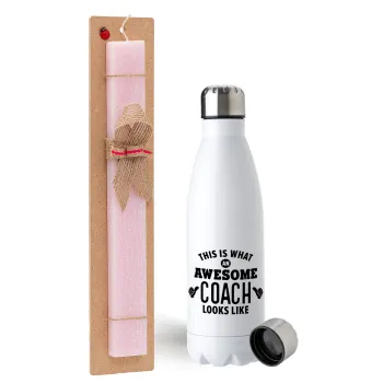 This is what an awesome COACH looks like!, Easter Set, metallic stainless steel water bottle (750ml) & scented flat Easter candle (30cm) (PINK)