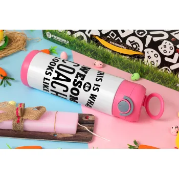 This is what an awesome COACH looks like!, Πασχαλινή Λαμπάδα με Παιδικό παγούρι θερμό, ανοξείδωτο, με καλαμάκι ασφαλείας, ΡΟΖ (500ml)