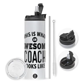 This is what an awesome COACH looks like!, Travel Tumbler θερμό με διπλό καπάκι, μεταλλικό καλαμάκι και βούρτσα καθαρισμού (Ανωξείδωτο 304 Food grade, BPA free, 600ml)