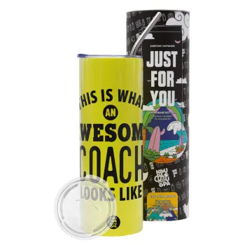 This is what an awesome COACH looks like!, Neon Yellow Travel Tumbler θερμό, μεταλλικό καλαμάκι(Ανωξείδωτο 304 Food grade, BPA free, 600ml)