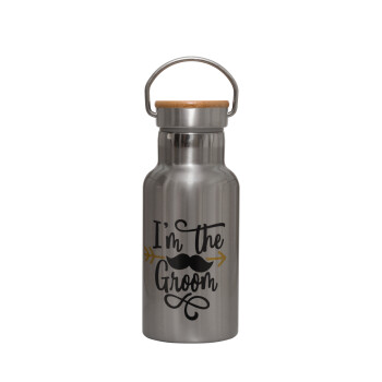 I'm the groom mustache, Stainless steel metallic thermos flask, silver with a bamboo lid, double-walled, 350ml.