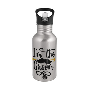 I'm the groom mustache, Water bottle Silver with straw, stainless steel 500ml
