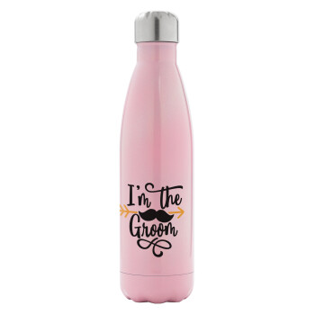 I'm the groom mustache, Metal mug thermos Pink Iridiscent (Stainless steel), double wall, 500ml