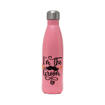 I'm the groom mustache, Metal mug thermos Pink Mat (Stainless steel), double wall, 500ml