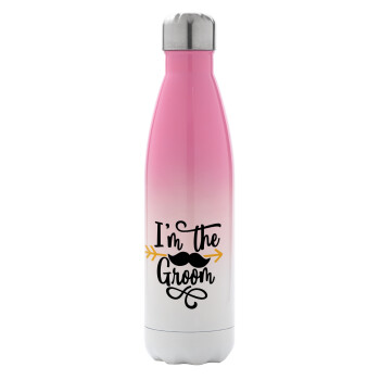 I'm the groom mustache, Metal mug thermos Pink/White (Stainless steel), double wall, 500ml