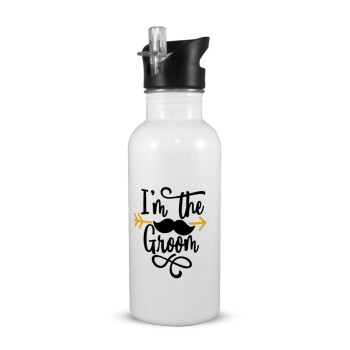 I'm the groom mustache, White water bottle with straw, stainless steel 600ml