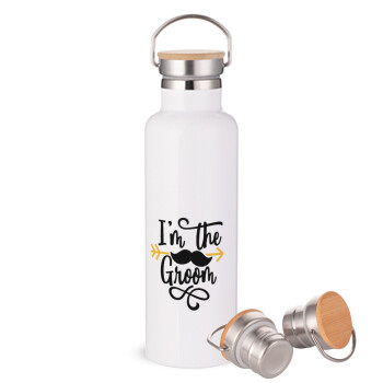 I'm the groom mustache, Μεταλλικό παγούρι θερμός (Stainless steel) Λευκό με ξύλινο καπάκι (bamboo), διπλού τοιχώματος, 750ml