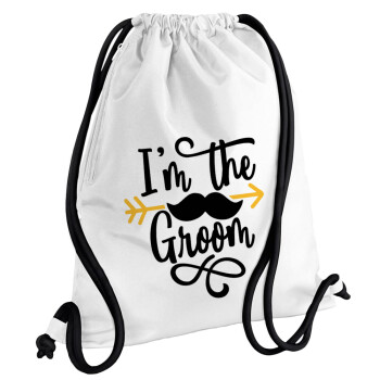 I'm the groom mustache, Backpack pouch GYMBAG white, with pocket (40x48cm) & thick cords